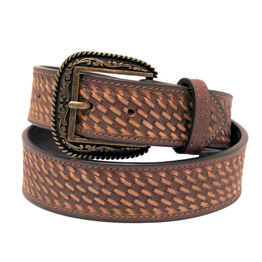 XM3000-BR03G - Tooled Basket Weave Top Grain Leather Belt