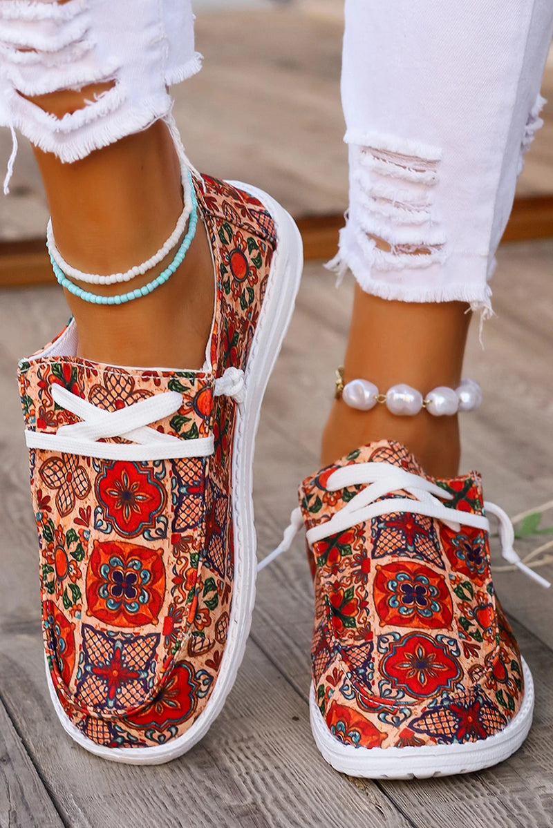 Load image into Gallery viewer, DLLSHOE 190 - Fiery Red Western Printed Lacing Flat Slip On Shoes
