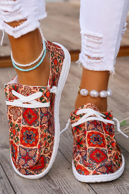 DLLSHOE 190 - Fiery Red Western Printed Lacing Flat Slip On Shoes