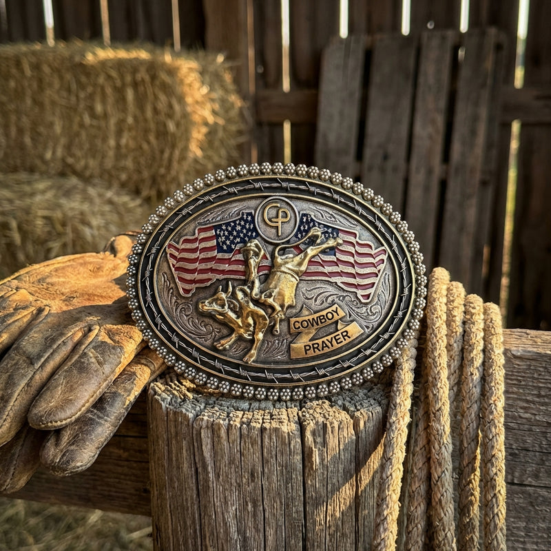 Load image into Gallery viewer, CPB101 - Cowboy Prayer Antique Silver/Gold Bull Rider Buckle
