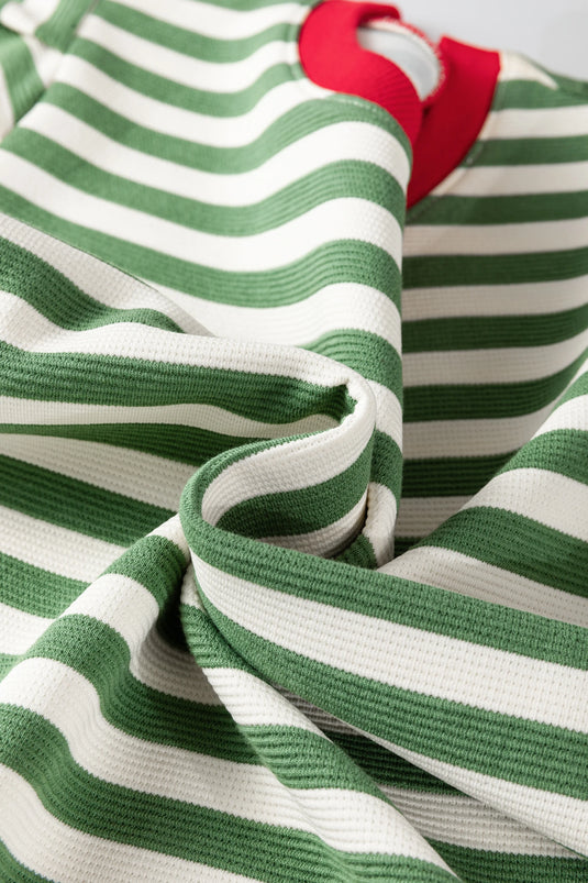 DLLS435 - Ladies Green Stripe Short Puff Sleeve Contrast Trim Round Neck Tee