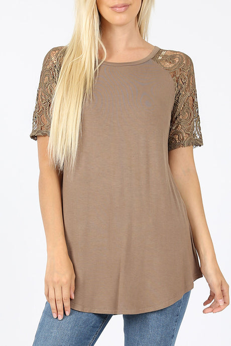 MOATSHT20 - Ladies Mocha Solid Short Sleeve Lace Trim Top