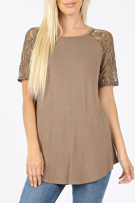 MOATSHT20 - Ladies Mocha Solid Short Sleeve Lace Trim Top