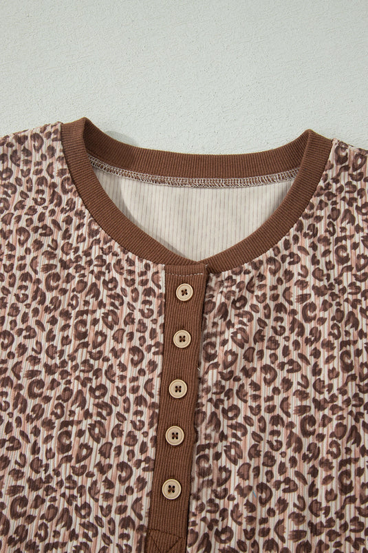 DLLS703 - Ladies Brown Leopard Print Ribbed Patchwork Half Button Loose Tee Elastic Waist Short 2pcs Set