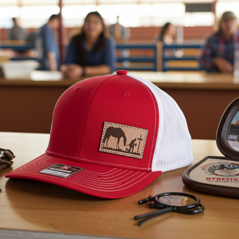 Load image into Gallery viewer, CP103 - Cowboy Prayer Leather Patch Red/White Cap
