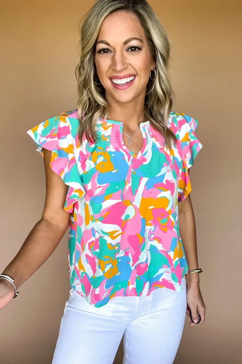 Load image into Gallery viewer, DLLS568 - Ladies Multicolor Abstract Print Notched Neck Flutter Sleeve Blouse
