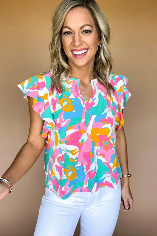 DLLS568 - Ladies Multicolor Abstract Print Notched Neck Flutter Sleeve Blouse