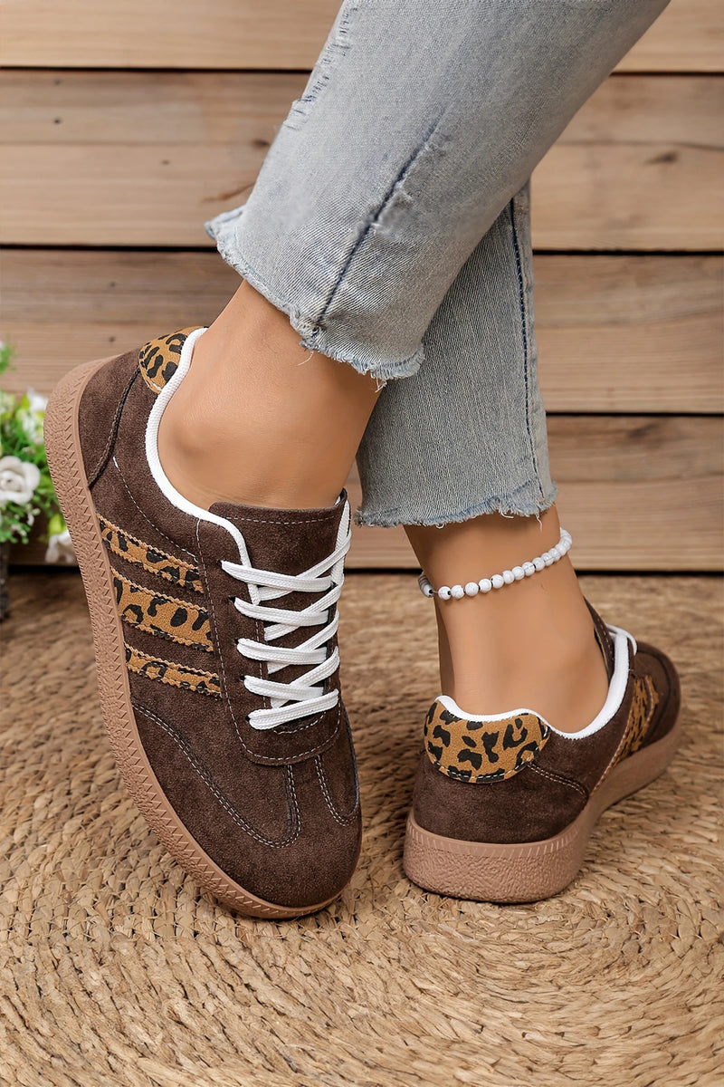 Load image into Gallery viewer, DLLSHOE 14 - Coffee Contrast Lace-up Leopard Patchwork Detail Faux Suede Shoes
