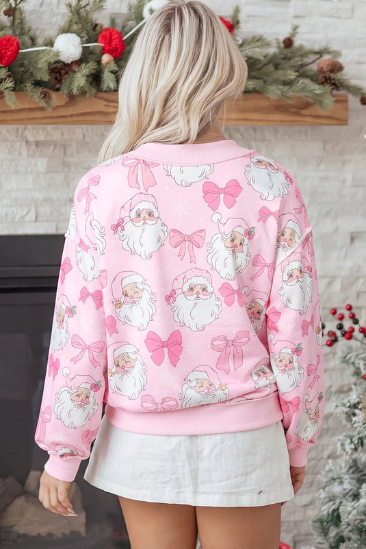 DLLS947 - Ladies Pink Abstract Santa Print Drop Shoulder High Neck Sweatshirt