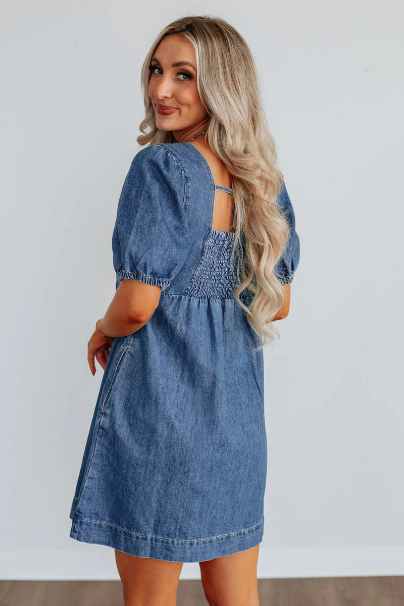 Load image into Gallery viewer, DLLS596 - Ladies Prussian Blue Button Square Neck Short Puff Sleeve Denim Mini Dress
