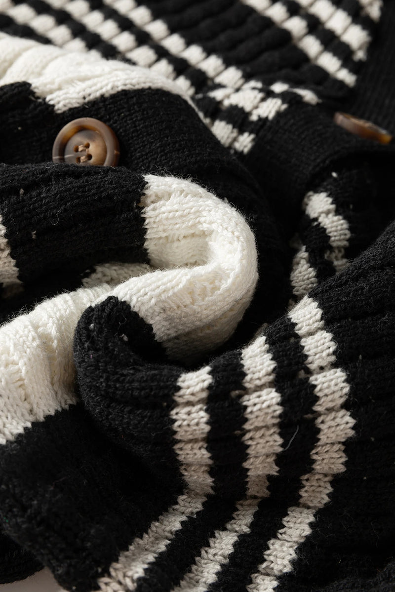 Load image into Gallery viewer, DLLS131 - Ladies Black Colorblock Textured Knit Buttoned Cardigan
