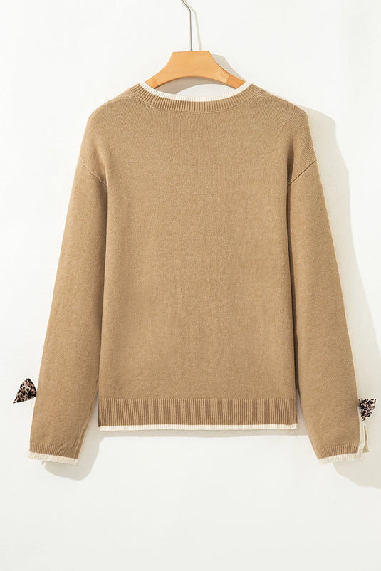 DLLS398 - Ladies Tan Leopard Bow Decor Split Cuff Contrast Trim Sweater