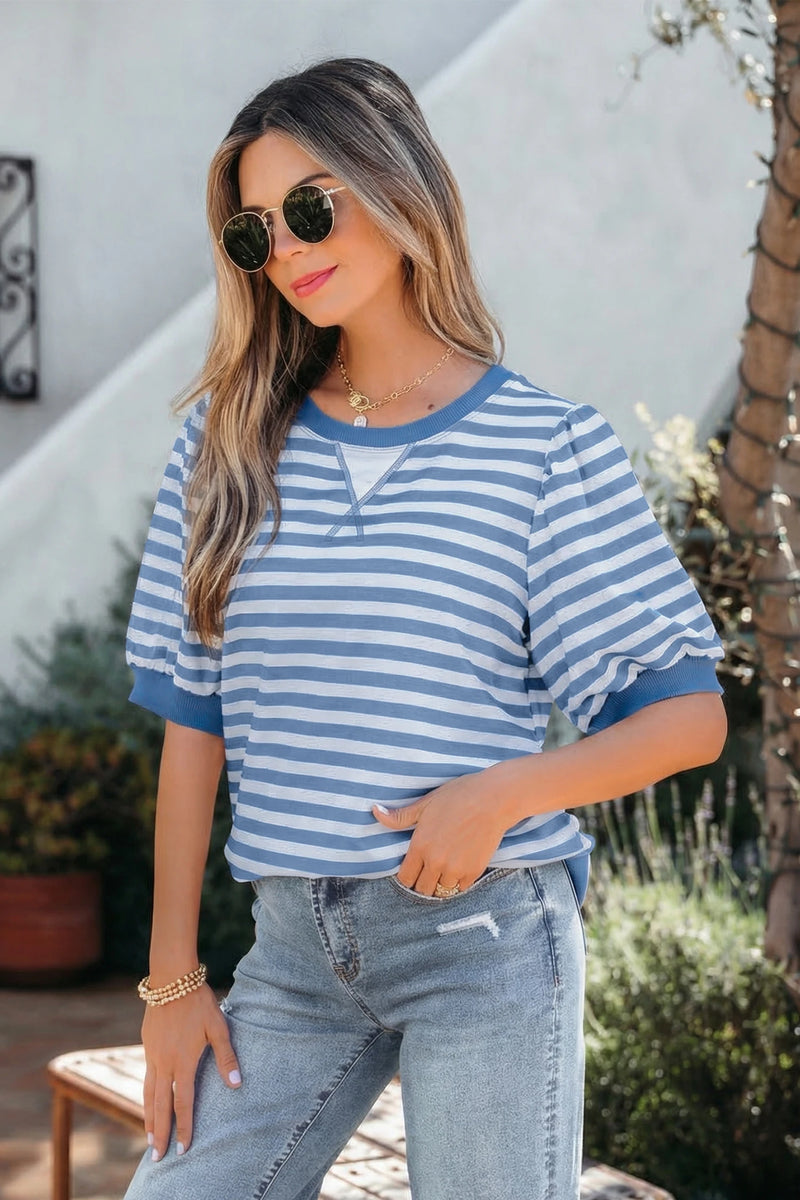 Load image into Gallery viewer, DLLS556 - Ladies Sky Blue Stripe Short Bubble Sleeve T Shirt
