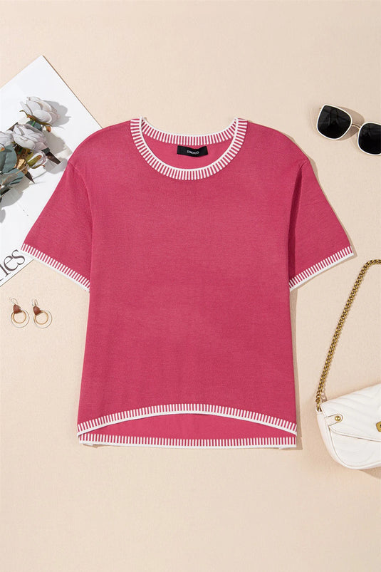DLLS485 - Ladies Rose Red Contrast Striped Trim Round Neck Half Sleeve Sweater