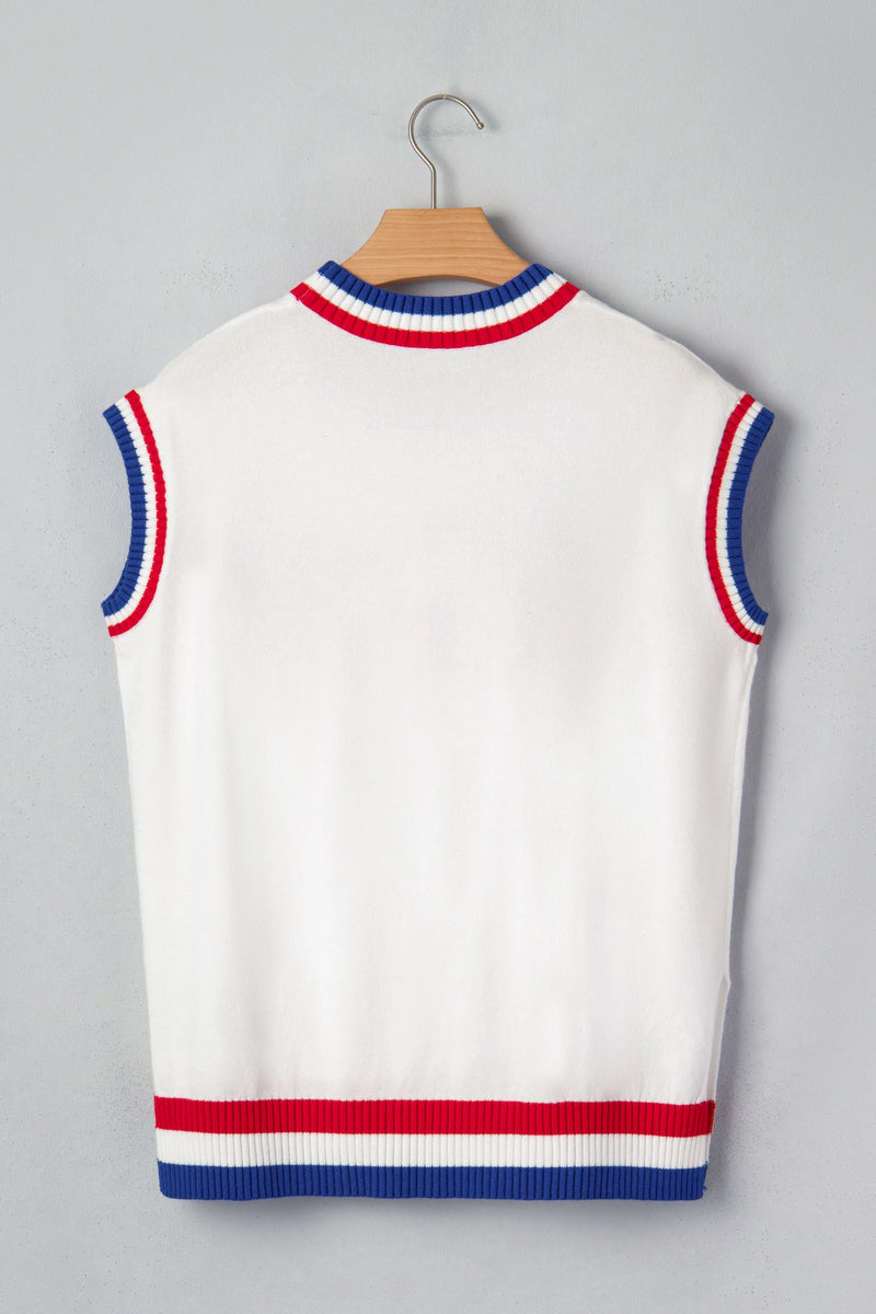 Load image into Gallery viewer, DLLS636 - Ladies White USA Contrast Striped Trim Round Neck Short Sleeve Sweater
