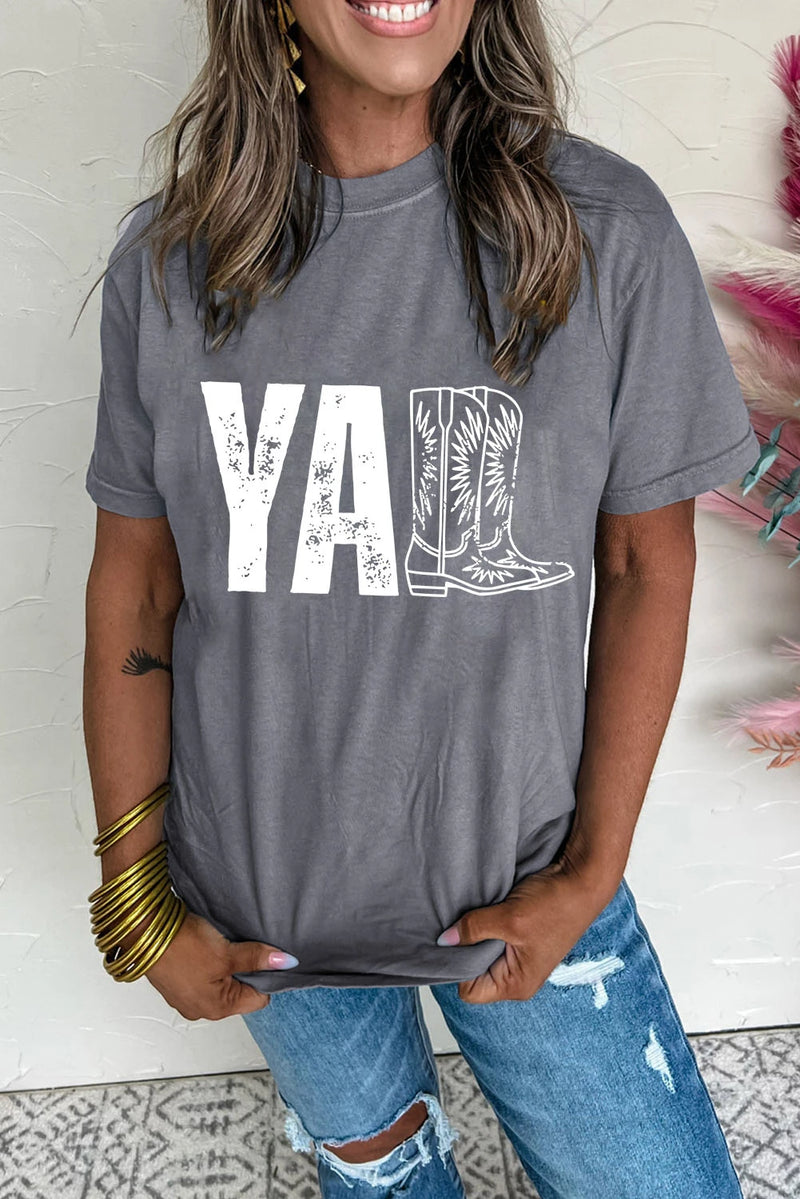 Load image into Gallery viewer, DLLS752 - Ladies Gray YALL Western Boots Printed Tee

