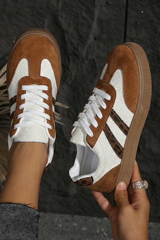 DLLSHOE 8 - Coffee Textured Woven PU Leather Leopard Patchwork Flat Sneakers