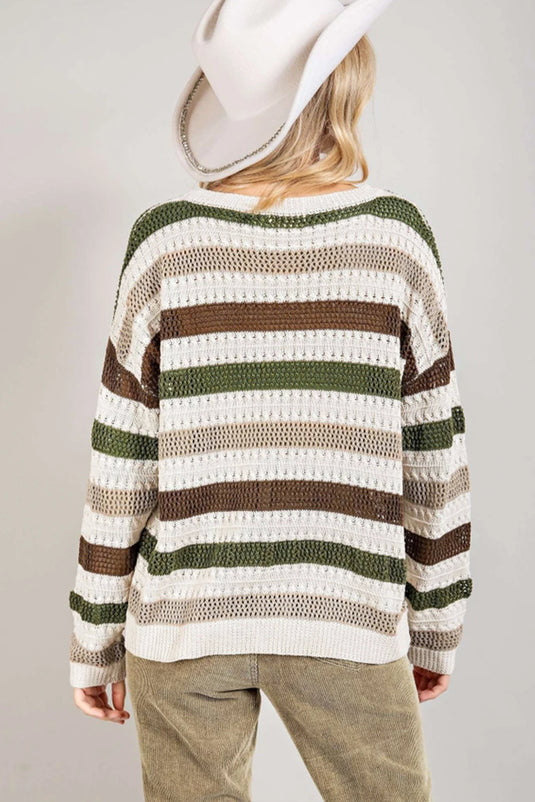 DLLS182 - Ladies Stripe Crochet Hollow out Knit Sweater