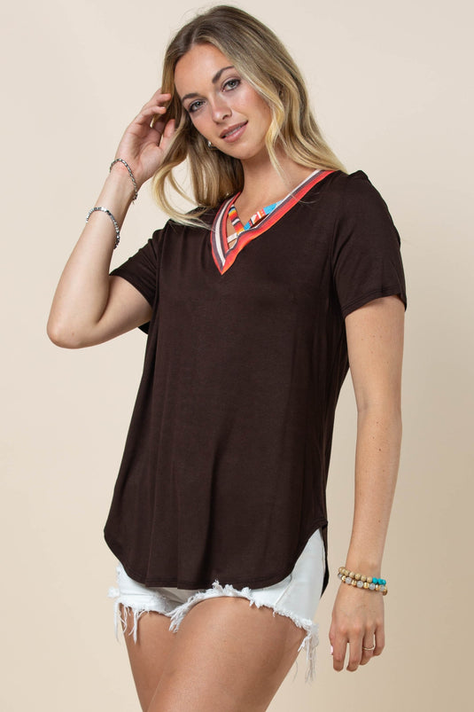 AVER8 - Ladies Aztec Print Cross V-neck Short Sleeve Top
