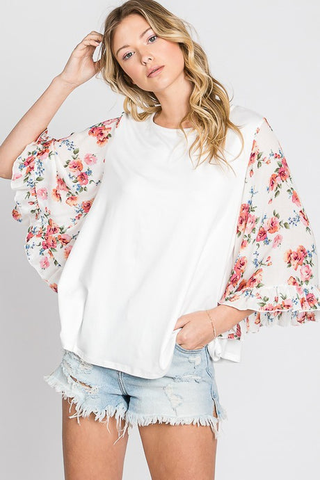 MOATSHT22 - Ladies Off White Floral Print Ruffle Sleeve Loose Fit Top