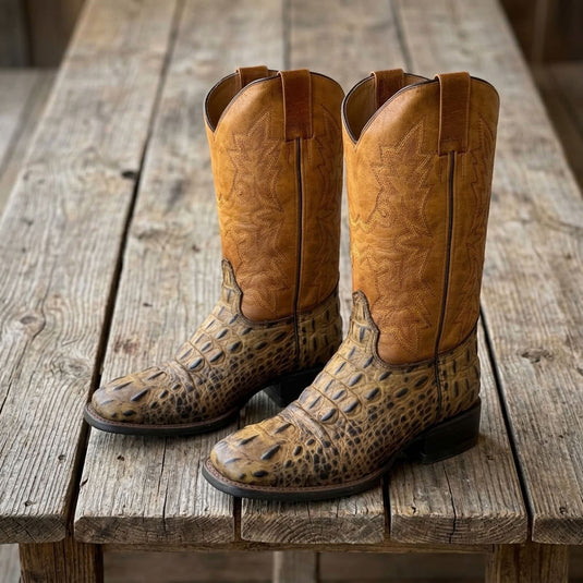 CP5014 - Cowboy Prayer Hand Crafted Rustic Brown Gator Print Cowboy Boots