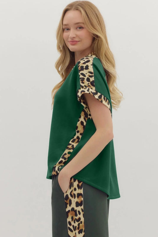 DLLS510 - Ladies Sea Green Leopard Trim Round Neck Loose T Shirt