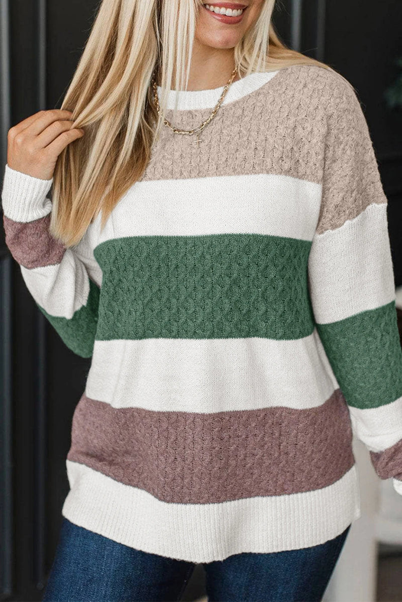 Load image into Gallery viewer, DLLS336 - Ladies Green Mixed Texture Knit Striped Color Block Loose Sweater
