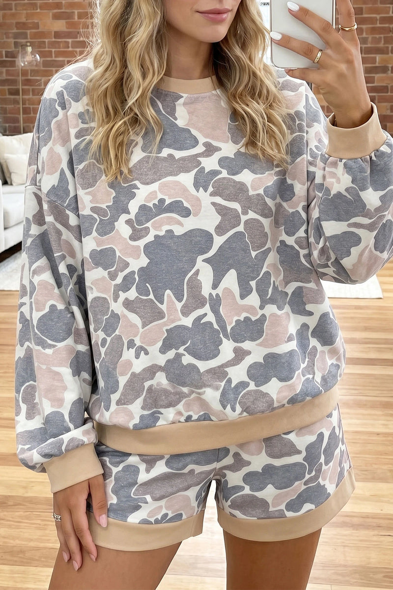 Load image into Gallery viewer, DLLS863 - Ladies Camouflage Patchwork Colorblock 2pc Long Sleeve Top and Shorts Set
