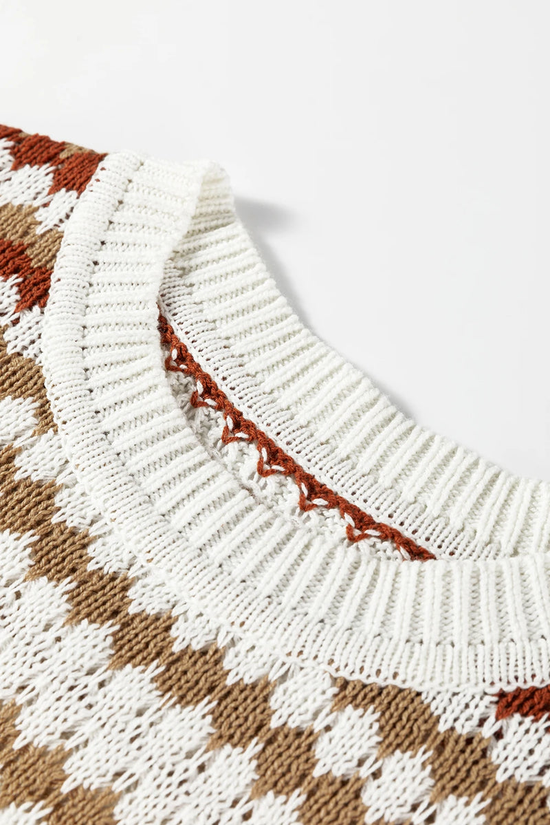 Load image into Gallery viewer, DLLS300 - Ladies Brown Stripe Eyelet Patterned Drop Shoulder Sweater
