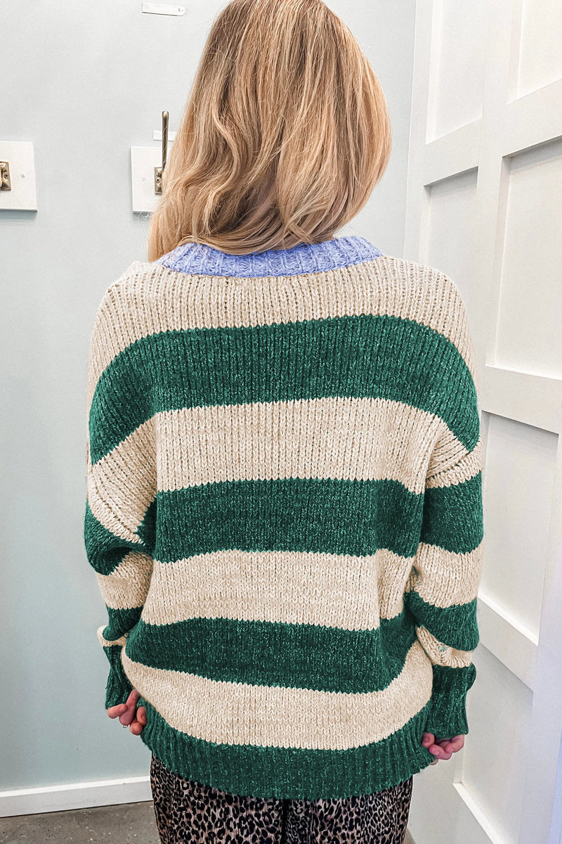 Load image into Gallery viewer, DLLS853 - Ladies Green Stripe Striped Colorblock Drop Shoulder Pullover Sweater
