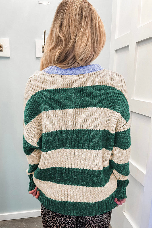 DLLS853 - Ladies Green Stripe Striped Colorblock Drop Shoulder Pullover Sweater
