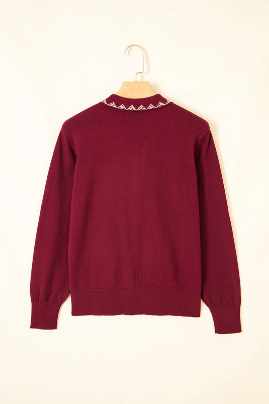 DLLS1009 - Ladies Burgundy Bow Pocket Collar Long Sleeve Knit Cardigan