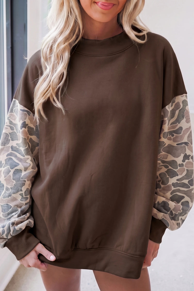 Load image into Gallery viewer, DLLS1026 - Ladies Coffee Camouflage Sleeve Crewneck Baggy Pullover Sweatshirt
