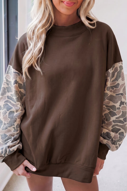 DLLS1026 - Ladies Coffee Camouflage Sleeve Crewneck Baggy Pullover Sweatshirt