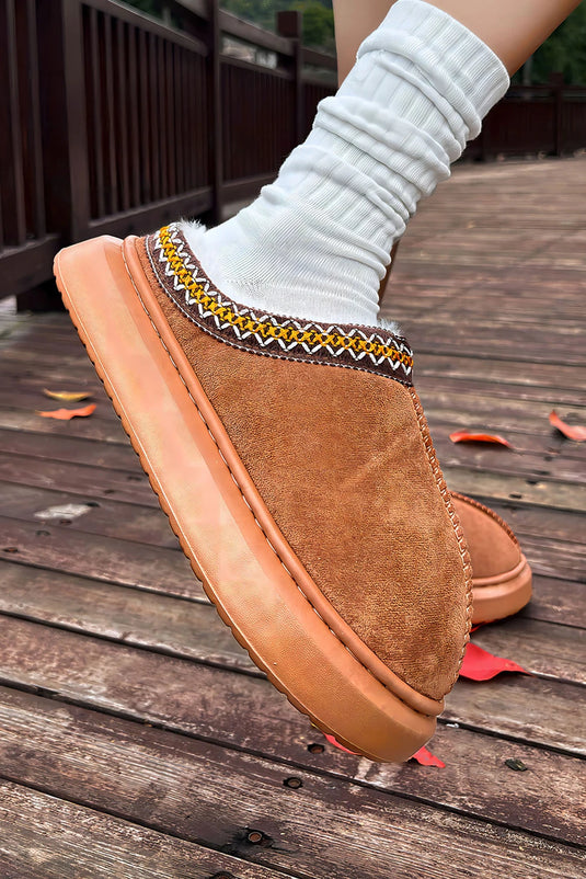 DLLSHOE 129 - Chestnut Contrast Edge Suede Plush Lined Thick Sole Winter Slippers