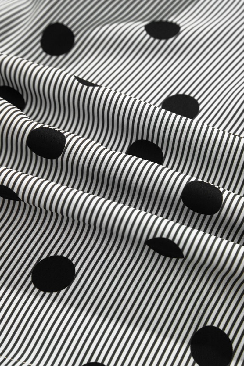 Load image into Gallery viewer, DLLS1138 - Ladies Black White Polka Dot Striped Print Ruffle 3/4 Sleeve Shift Shirt
