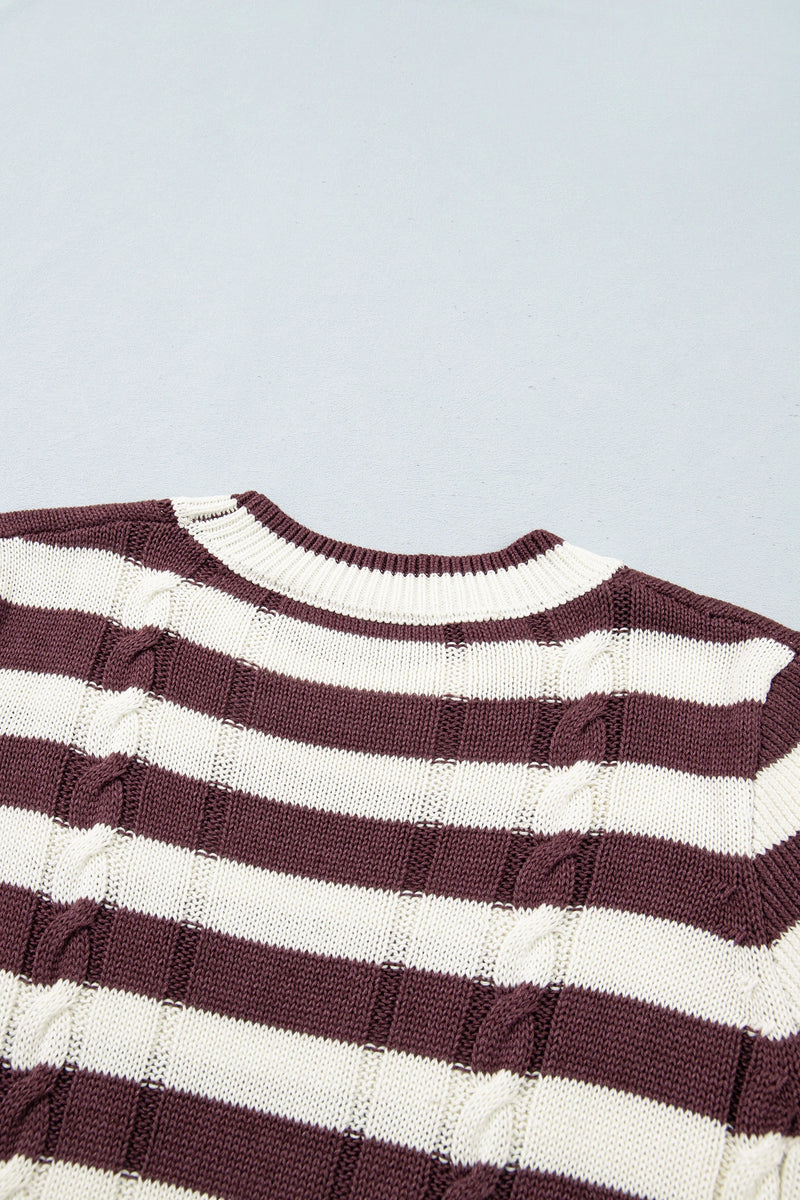 Load image into Gallery viewer, DLLS1151 - Ladies Brown Stripe Ribbed Knit Cable Detail Short Sleeve Sweater
