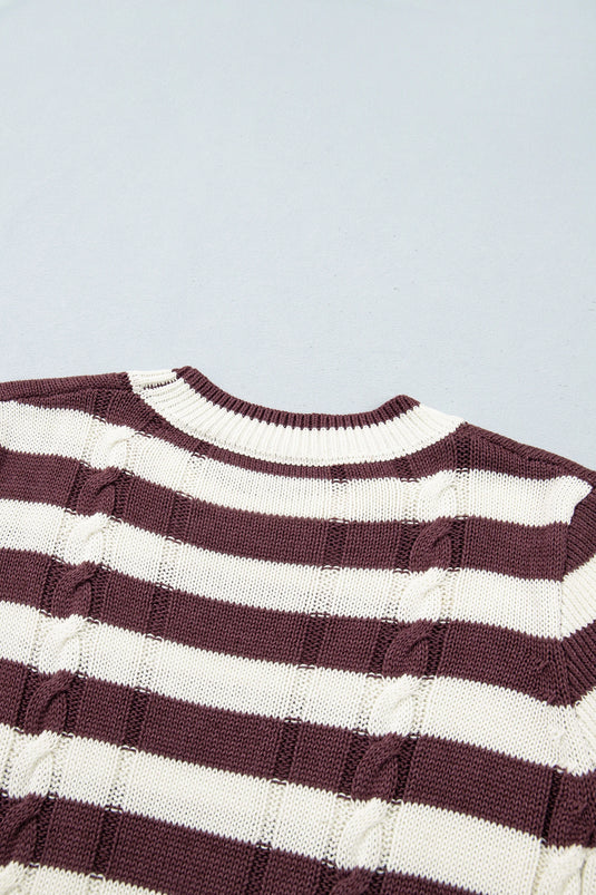 DLLS1151 - Ladies Brown Stripe Ribbed Knit Cable Detail Short Sleeve Sweater