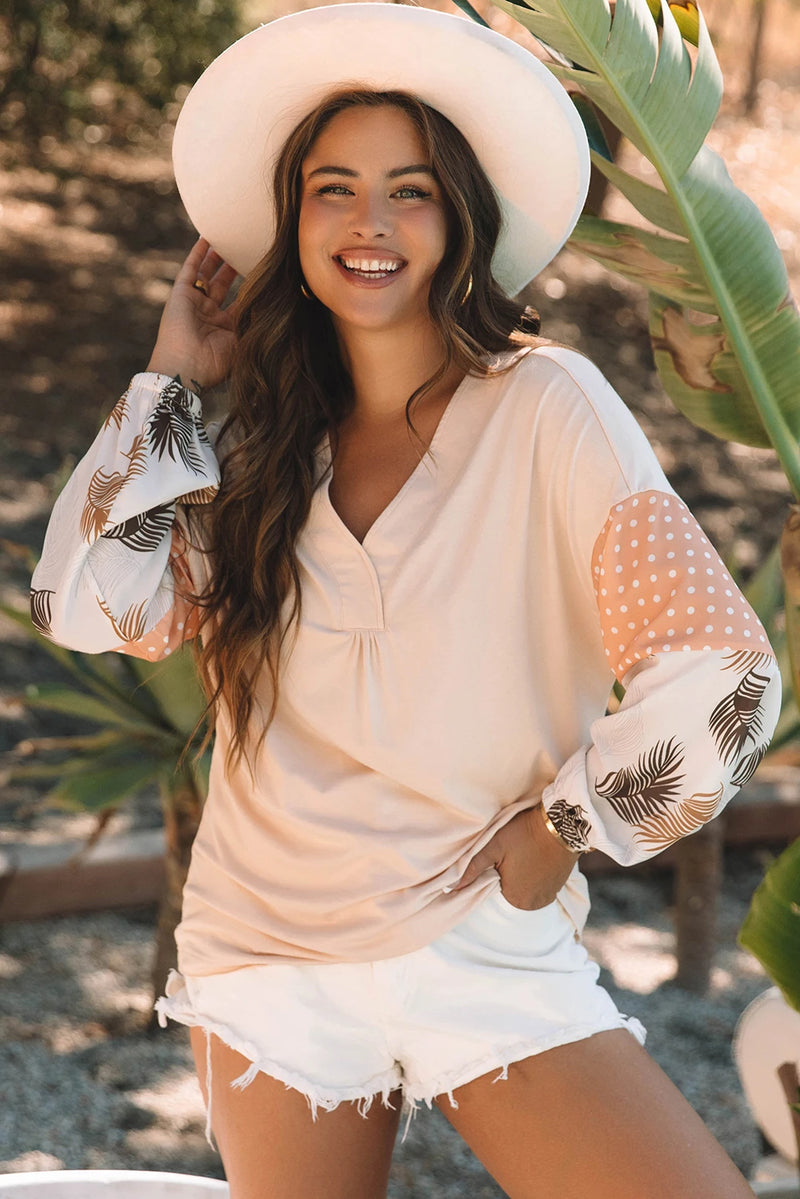 Load image into Gallery viewer, DLLS321 - Ladies Jet Stream Palm Leaves Polka Dot Puff Sleeve Patchwork V Neck Loose Blouse
