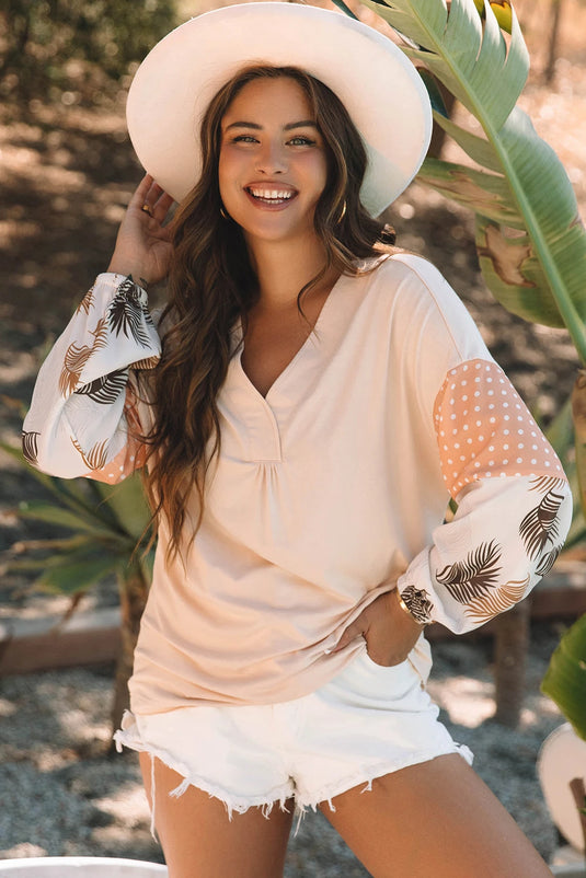 DLLS321 - Ladies Jet Stream Palm Leaves Polka Dot Puff Sleeve Patchwork V Neck Loose Blouse