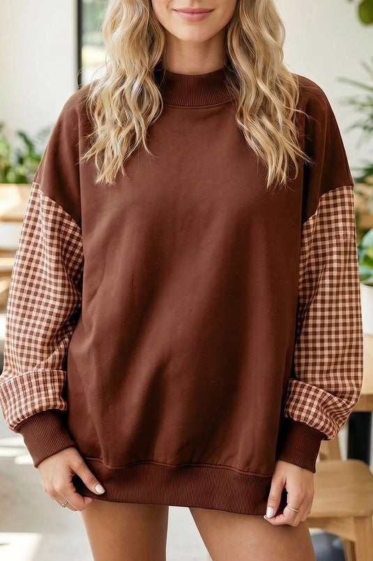 DLLS866 - Ladies Coffee Plaid Sleeve Colorblock Loose Tunic Sweatshirt