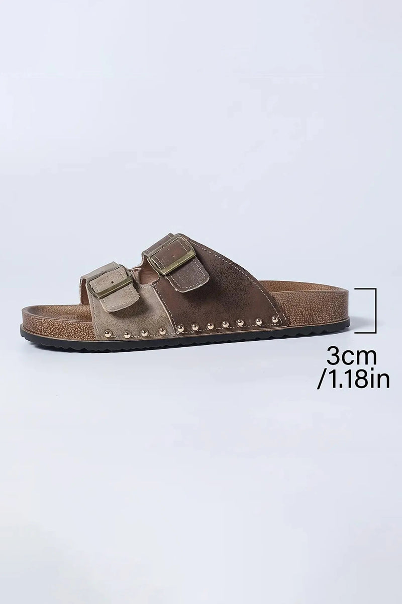 Load image into Gallery viewer, DLLSHOE 35 - Coffee Two-Tone Retro Buckle Straps Hollowed Faux Suede Slippers
