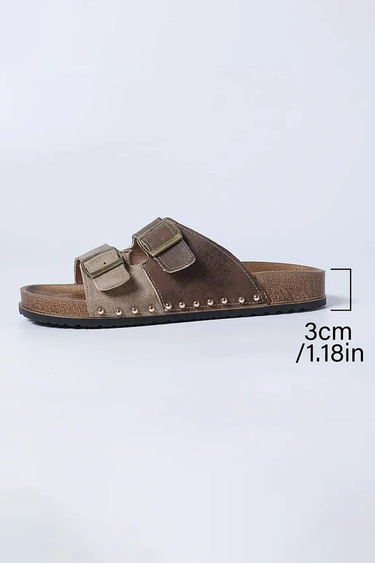 DLLSHOE 35 - Coffee Two-Tone Retro Buckle Straps Hollowed Faux Suede Slippers