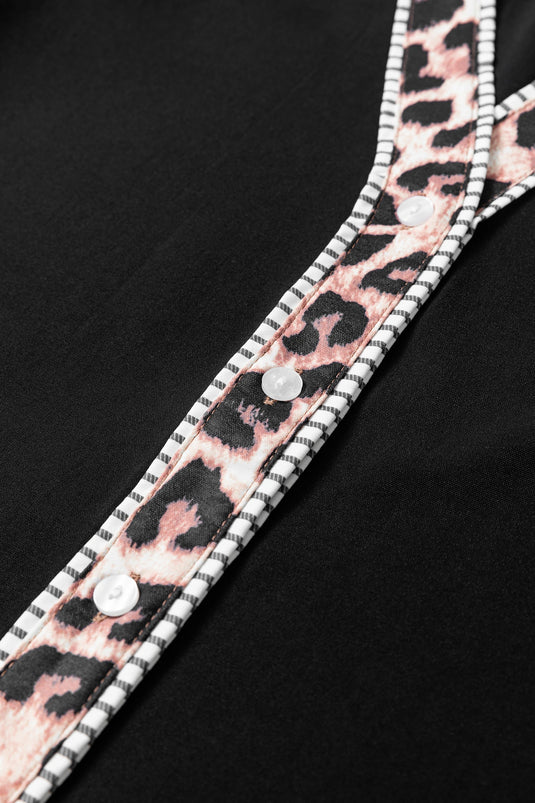 DLLS461 - Ladies Black V Neck Short Puff Sleeve Leopard Trim Button Down Shirt