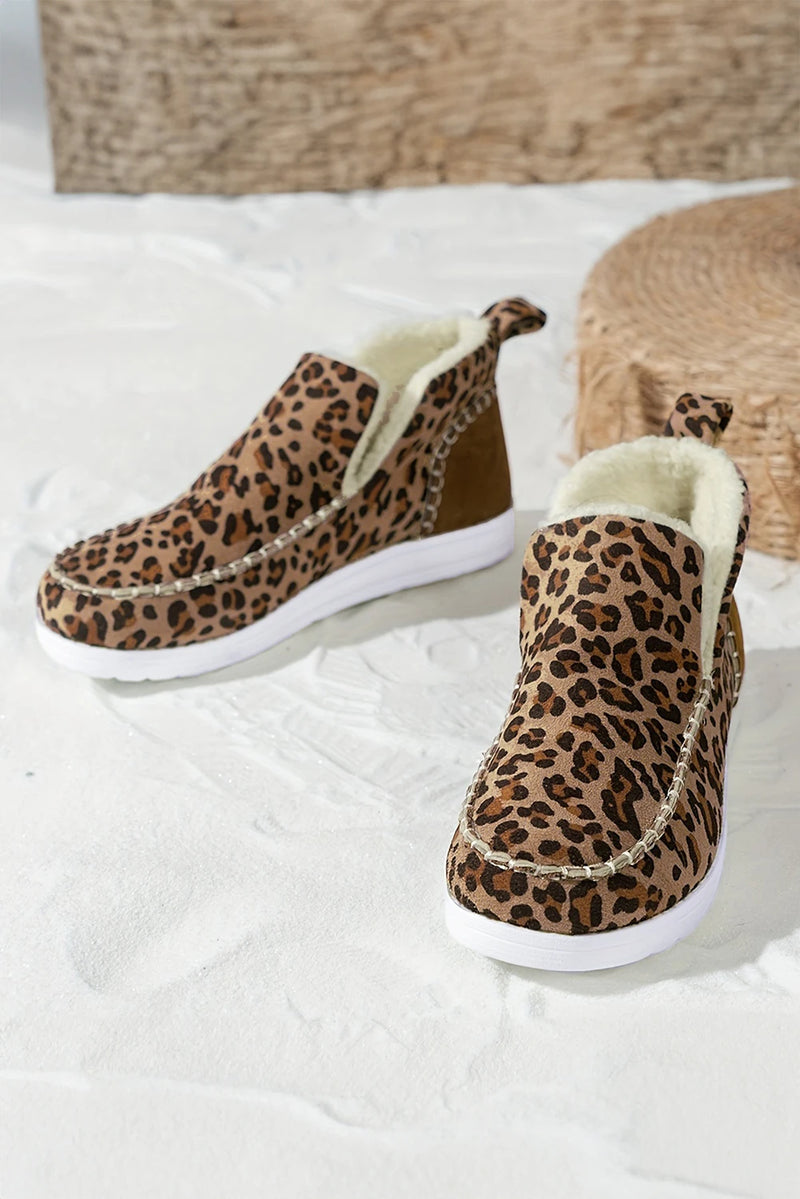 Load image into Gallery viewer, DLLSHOE 124 - Brown Leopard Print Ankle Patched Flat Winter Fur Boots
