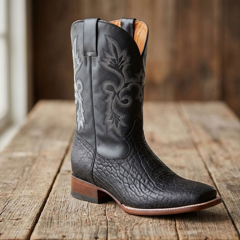 Load image into Gallery viewer, CP1706 - Cowboy Prayer Hand Crafted Genuine Black Bull Shoulder Cowboy Boots
