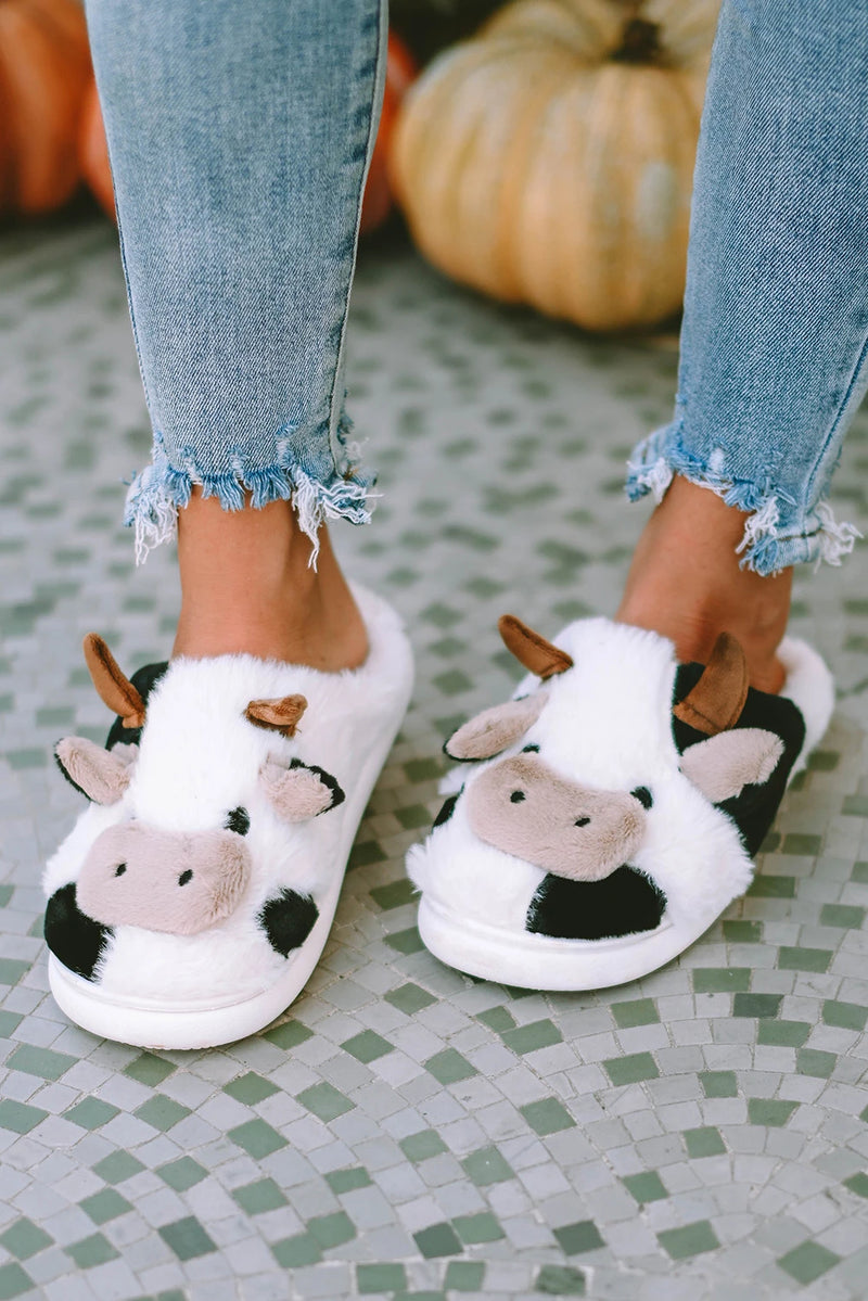 Load image into Gallery viewer, DLLSHOE 127 - White Cartoon Animal Cow Plush Slippers
