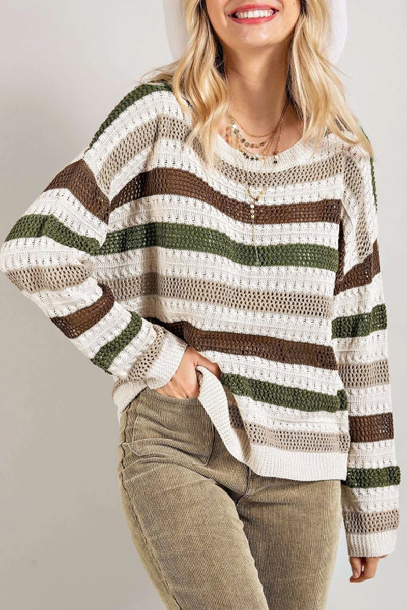 Load image into Gallery viewer, DLLS182 - Ladies Stripe Crochet Hollow out Knit Sweater
