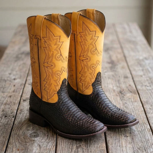 CP5007 - Cowboy Prayer Black Python Print W/Yellow Underlay Western Boot