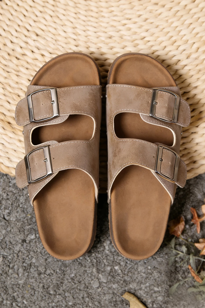 Load image into Gallery viewer, DLLSHOE 80 - Medium Grey Retro Double Buckle PU Leather Faux Suede Platform Slippers
